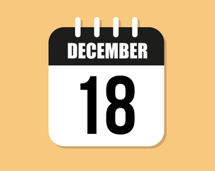18 day december icon. Black and white december month calendar vector on orange background.