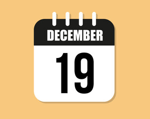 19 day december icon. Black and white december month calendar vector on orange background.