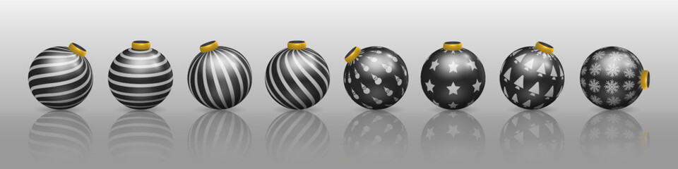 Set of black christmas ball decorations, ornaments with various patterns