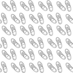 Trendy pattern with fashion classic hand drawn sneakers shoes on a white background, front view. The concept of minimalism, beauty and fashion. Vector outline doodle illustration.