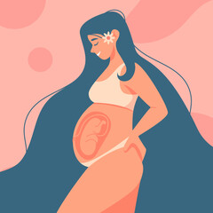 Pregnant woman holds her belly. Happy pregnancy and motherhood banner. Fetus in the womb. Flat cartoon vector illustration. Maternity clinic logo concept. Ultrasound diagnostic, sonogram