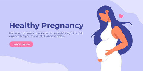 Pregnant woman in dress holds her belly. Happy, healthy pregnancy and motherhood banner, place for text. Happy mother's day poster. Flat cartoon vector illustration. Maternity concept - obrazy, fototapety, plakaty