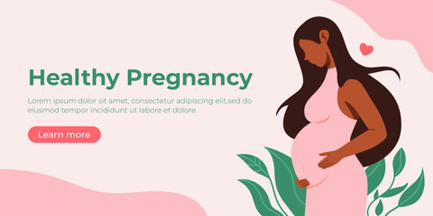 African Pregnant woman in dress holds her belly. Happy, healthy pregnancy and motherhood banner. Happy mother's day. Flat cartoon vector illustration. Maternity, motherhood, family concept. - obrazy, fototapety, plakaty