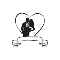 Bride and groom wedding silhouette banner clipart