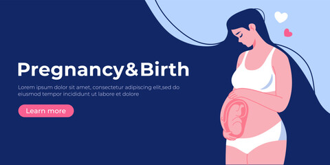 Pregnant woman holds her belly. Happy pregnancy and motherhood banner, place for text. Fetus in the womb. Happy mother's day poster. Flat cartoon vector illustration. Maternity ultrasound, sonogram - obrazy, fototapety, plakaty