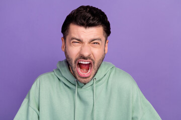 Closeup photo of young agressive employer man bristle brunet scream loud noise dont like deadline problems failed isolated on purple color background