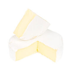 Cut piece of camembert cheese on a white background.