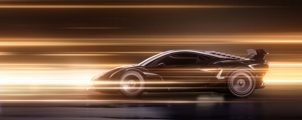 Fototapeta na wymiar Speeding Sports Car On Neon Highway. Powerful acceleration of a supercar on a night track with colorful lights and trails. 3d render