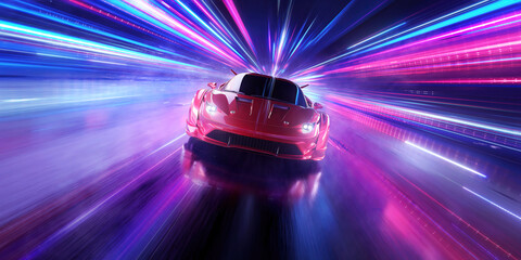 Red Sports Car On Neon Highway. Powerful acceleration of a supercar on a night track with colorful lights and trails. 3d illustration