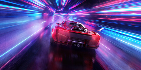 Red Sports Car On Neon Highway. Powerful acceleration of a supercar on a night track with colorful lights and trails. 3d illustration