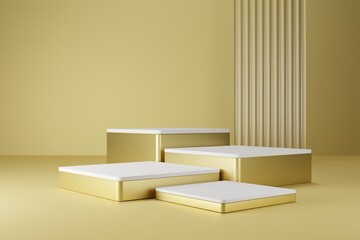 gold and white square podium Golden background, show, exhibition, fashion, perfume, cosmetics, 3D rendering