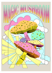 Retro 70's psychedelic hippie mushroom illustration print with groovy slogan for man - woman graphic tee t shirt or sticker poster - Vector