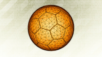 3D mesh of soccer ball isolated on bright hi-tech background in binary cyberspace. 3D illustration.