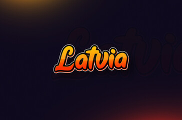 Country Name Latvia Typography on Dark Background: Design Illustration in Creative Hand drawn style with Yellow and Orange Gradient. Used for welcoming, touring, or independence day celebration
