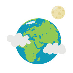 Planet Earth and its moon satellite on a white background. Vector illustration in cartoon style for children. Icon of the planet.