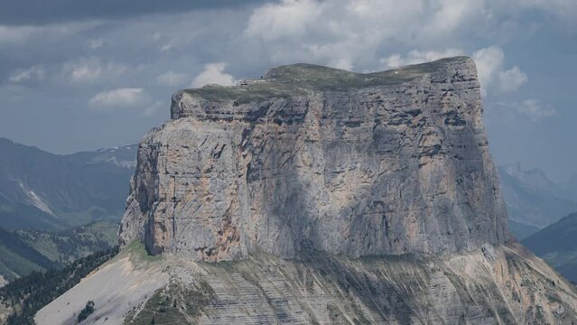 Aerial footage of Mont Aiguille and the French Alps Mountain Range