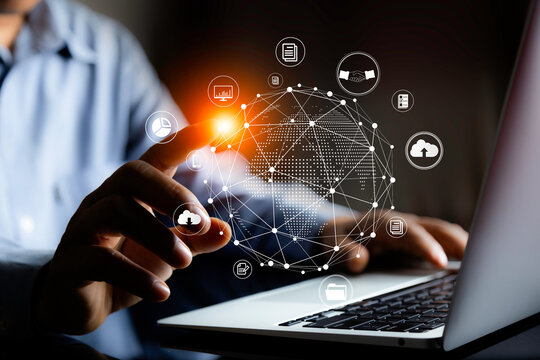 Information Technology Networks Internet Connecting Wireless Devices around the world. Information Technology is Essential to Businesses in the Digital world with  and Icons Connected to each other.