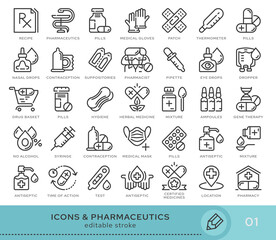 Set of conceptual icons. Vector icons in flat linear style for web sites, applications and other graphic resources. Set from the series - Pharmaceutics. Editable stroke icon.