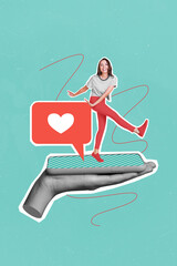 Vertical collage picture of big arm black white gamma hold telephone screen excited funky mini girl...
