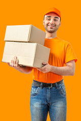 Delivery man with a box. Courier in uniform cap and t-shirt service fast delivering orders. Young guy holding a cardboard package. Character on isolated white background for mockup design