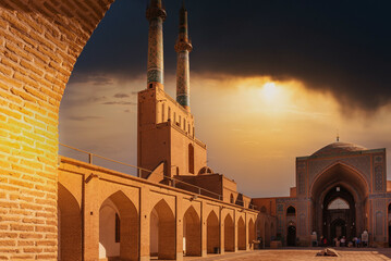Beautiful sunset skies over Friday Mosque in the ancient City of Yazd