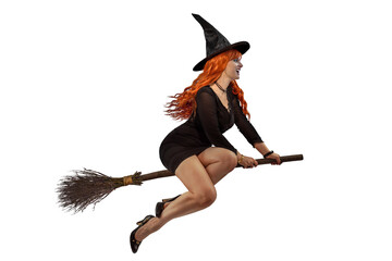 Halloween Witch flying on a broomstick. Female wizard fairy character for All Saints' Day. Fantasy gothic red-haired sorceress girl dressed in black carnival costume - obrazy, fototapety, plakaty