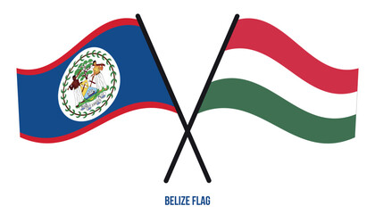 Belize and Hungary Flags Crossed And Waving Flat Style. Official Proportion. Correct Colors.