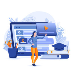 Video tutorials scene. Woman watches webinars, courses and training videos from laptop. Online education, e-learning, distance learning concept. Illustration of people characters in flat design - obrazy, fototapety, plakaty