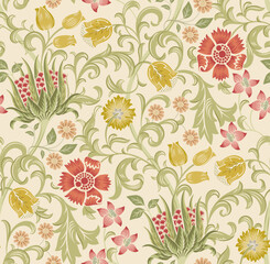 Floral seamless pattern with field of flowers on light beige background. Vector illustration. - 538041420