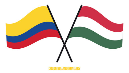 Colombia and Hungary Flags Crossed And Waving Flat Style. Official Proportion. Correct Colors.