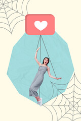 Vertical collage image of impressed mini girl hanging trapped spider web like notification isolated...