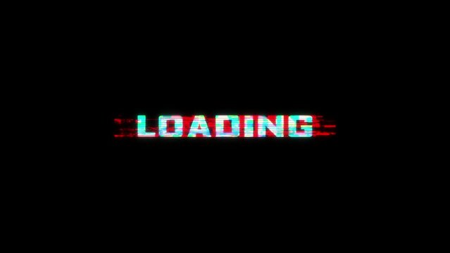 Looped LOADING animation with glitch effect isolated on black background. Glitch LOADING video game screen. Cyberpunk LOADING text with RGB distortion effect.