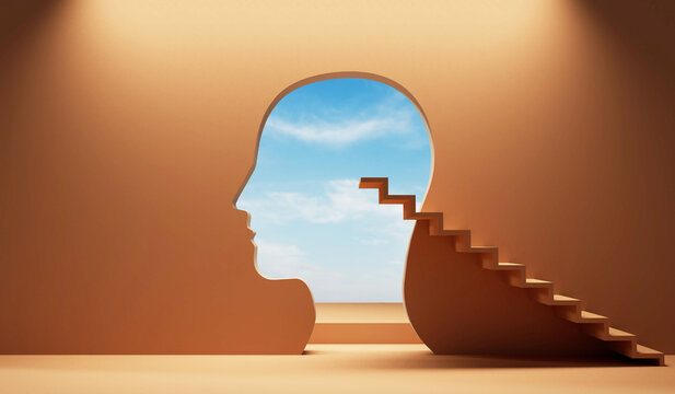 mental health and mindfulness concept. steps leading to a bright sky. 3D Rendering