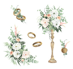 Floral wedding set with bouquet in golden vase, weding rings, decoration floral element and stamp sealing wax with plants. Watercolor isolated collection for greeting or invitation cards, design decor