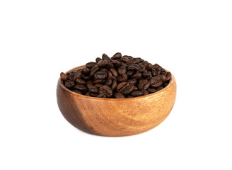 Wooden bowl full of coffee beans on a white background.