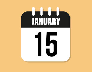15 day january icon. Black and white january month calendar vector on orange background.