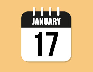 17 day january icon. Black and white january month calendar vector on orange background.