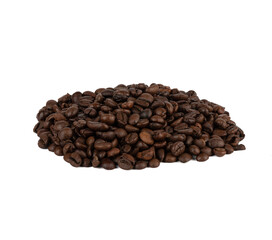 Mixture of roasted Arabica and Robusta coffee beans on a white background.