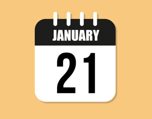 21 day january icon. Black and white january month calendar vector on orange background.