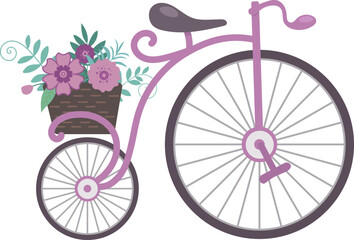 Retro vintage bicycle with a basket of flowers, cartoon flat style illustration © babanova