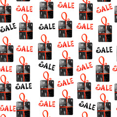 Gift in black wrapping, sale watercolor seamless pattern. Template for decorating designs and illustrations.