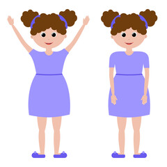 Joyful girl in a blue dress, with a different arrangement of hands.