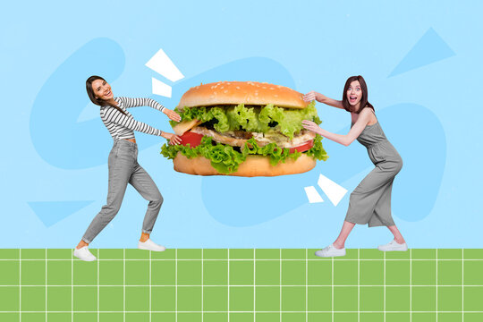 Creative collage picture of two excited girls pull fight big burger isolated on painted background
