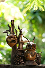 Celebrate christmas and happy new year on nature bokeh background.Decorate the old owl.