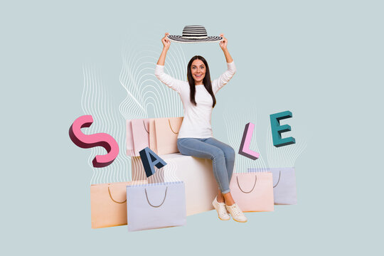 Composite collage image of excited cheerful young woman holding stylish hat shopping sale banner promo bags fashion black friday