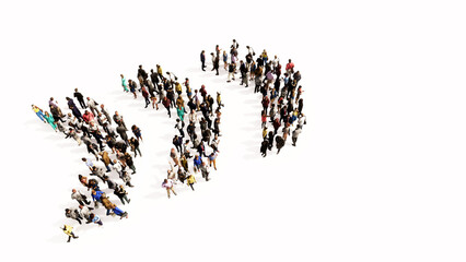 Concept conceptual large community of people forming the dangerous turn road sign. 3d illustration metaphor for caution, warning, safety and guidance