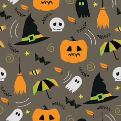 Seamless pattern with Halloween and fall season icons and symbols. Gray background, black and white, gradient green and orange tones. Pumpkin, witch hat and broom, skulls, cute ghost and candy decor. 