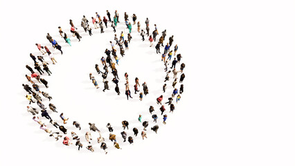 Concept conceptual large community of people forming the clock icon. 3d illustration metaphor for time, countdown,  chronometer, business and deadline