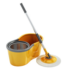 Generic spin mop with bucket on transparent background. 3D illustration - obrazy, fototapety, plakaty