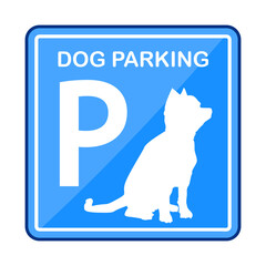 Parking dog street sign isolated on white background. Blue parking sign with dog symbol. Outdoor zone or area for dog. Safety place on street for pet waiting owner after shopping. Vector illustration
